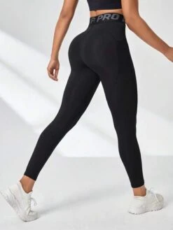 Letter Graphic Wide Waistband Sports Leggings With Phone Pocket