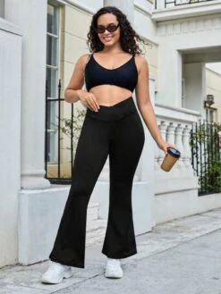 Plus Solid Flare Leg Sports Pants -Gym Chic Wear 1689418987157a653998909754f09c5518cfe779f1 thumbnail 405x552