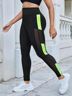Plus Contrast Mesh Insert Wideband Waist Sports Leggings
