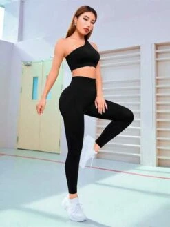 Solid Asymmetrical Neck Cut Out Back Sports Set -Gym Chic Wear 1689843712876b2c1e33df680e12a5e0403669ac3f thumbnail 405x552