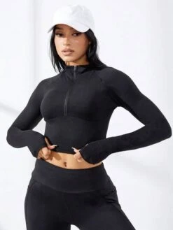 Half Zip Thumb Holes Crop Sports Sweatshirt -Gym Chic Wear 1689930062c22dc09d997f84deefabb421219561fa thumbnail 405x552