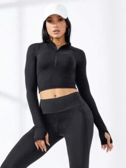 Half Zip Thumb Holes Crop Sports Sweatshirt -Gym Chic Wear 1689930064616c06702e9eaf8a7aeea8c701190135 thumbnail 405x552