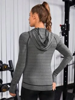 Striped Print Thumb Holes Hooded Sports Jacket