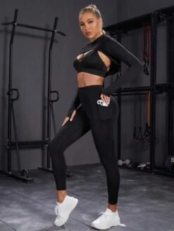 Solid Super Crop Sports Hoodie & Sports Bra & Leggings -Gym Chic Wear 1690278476df0f988101a6970e8236dca5c25a44ad thumbnail 405x552