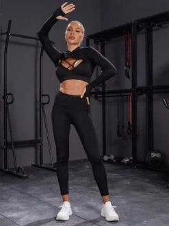 Solid Super Crop Sports Hoodie & Sports Bra & Leggings -Gym Chic Wear 1690278481f4971670682417694923d957b540301c thumbnail 405x552