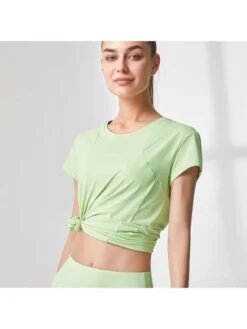 Women's Yoga Top, Summer Short Sleeve Quick Dry T-shirt With Slimming Sheer Mesh Panel Design That Can Be Worn Outside
