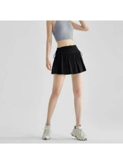 Summer Yoga Skirt Fake Two Pieces With Drawstring & Pleated Design, Quick Dry & Cooling Tennis Skirt For Women