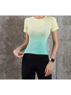 Gradient Fitness Short Sleeve Round Neck Slim Elastic Tight Top For Women Running, Training, Yoga -Gym Chic Wear 1690357192db783223a58dc8720719ff8c2ad2fa29 square thumbnail 405x552