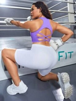 Plus Solid Racer Back Sports Bra -Gym Chic Wear 169036347349cf7bda6272db46e2c16a7b1e1bb486 thumbnail 405x552