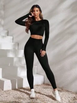 Solid Crop Tee & Leggings -Gym Chic Wear 1690434874861b741c71bb11346760d5b8a58776b8 thumbnail 405x552
