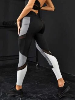 Colorblock Mesh Insert Phone Pocket Wideband Waist Sports Leggings