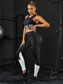 Letter Graphic Sports Bra & Colorblock Sports Leggings -Gym Chic Wear 1690857558c00a9c35597305e19e9270ad43007304 thumbnail 405x552