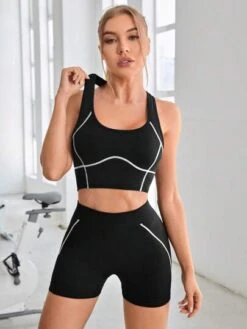 Contrast Piping Wideband Waist Sports Set -Gym Chic Wear 1690887196f4d03b18749a577b7646f5363e45710f thumbnail 405x552