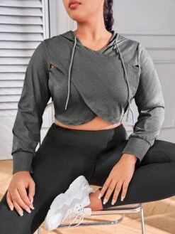 Plus Wrap Drawstring Crop Hoodie -Gym Chic Wear 1691064497b02036cf761585f00dfe9fe9d085653d thumbnail 405x552