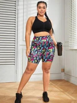 Plus Allover Print Wideband Waist Sports Shorts With Phone Pocket