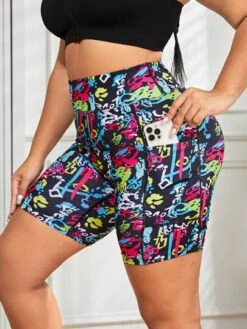 Plus Allover Print Wideband Waist Sports Shorts With Phone Pocket -Gym Chic Wear 169129981283b61322517399e1ba6f1fb537a9ac65 thumbnail 405x552