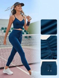 SHEIN Leisure Solid Ruched Sports Bra & Leggings -Gym Chic Wear 1691394276150405512e18883239f9da3becc8eca3 thumbnail 405x552