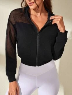 Contrast Fishnet Hooded Crop Sports Jacket