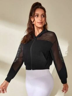 Contrast Fishnet Hooded Crop Sports Jacket -Gym Chic Wear 1691553450d214f6eeba6a1e810ae5887e124ba106 thumbnail 405x552