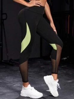 Colorblock Mesh Insert Wideband Waist Sports Leggings