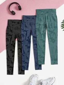 3pcs Graphic Print Wideband Waist Sports Leggings