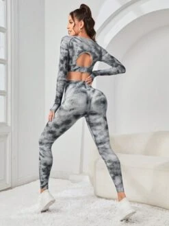 Tie Dye Cut Out Back Thumb Holes Sports Set